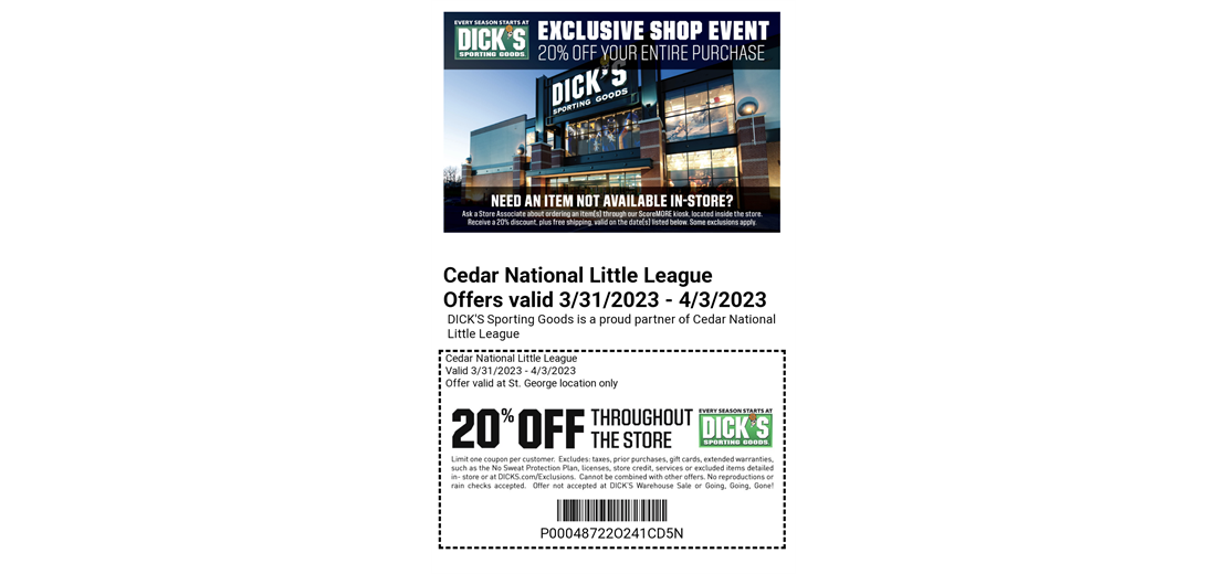 20% off at Dick's Sporting Goods Shop Event March 31st-April 3rd